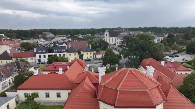 Drone aerial of Laxenburg town in Austria with scenic surroundings.
