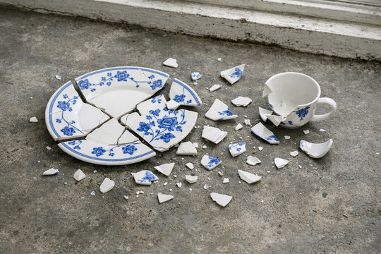 A broken plate and cup on the floor