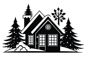 Fototapeta premium a cozy house with winter wonderland silhouette line art vector illustration with a white background