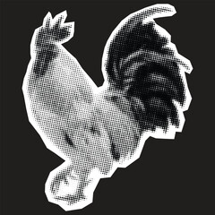 Minimalist Halftone Rooster Sticker, Black and White Dotted Cockerel Illustration with White Border on Dark Background © Pixel Art