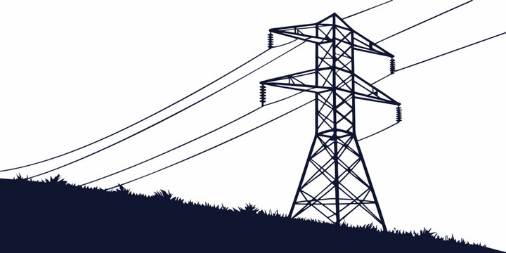 Silhouette illustration of a high voltage electrical transmission tower situated on a grassy hill landscape against white background with electricity transmission infrastructure