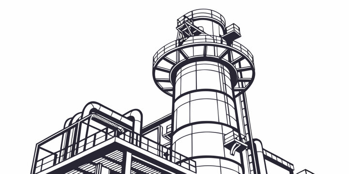 Industrial chemical plant tower with platforms and pipes sketch industrial chemical pipeline structure refinery engineering manufacturing infrastructure construction
