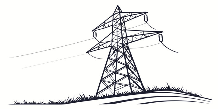 High voltage electrical transmission tower on landscape sketch with electrical transmission electricity landscape infrastructure illustration monochrome isolated technology