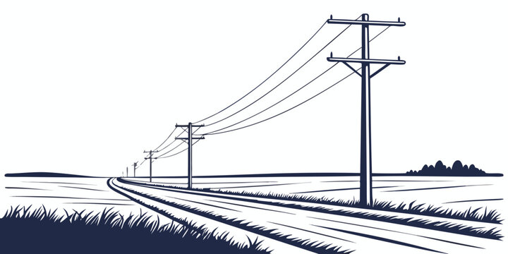 Minimalist graphic of power transmission lines over open agricultural field with landscape electricity transmission agriculture infrastructure illustration stylized