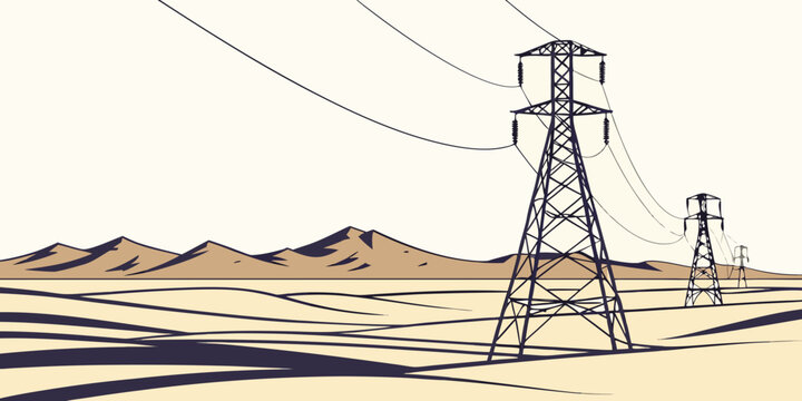 High voltage power pylons in a vast arid desert mountain landscape with electricity landscape transmission mountains electric infrastructure engineering illustration