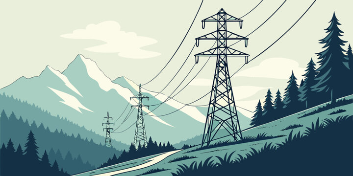 Graphic illustration of high voltage towers and electrical lines in a mountain forest landscape with electricity mountain landscape transmission electric infrastructure