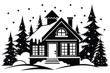 Obraz premium a cozy house with winter wonderland silhouette line art vector illustration with a white background