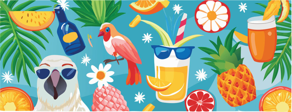 Tropical vacation concept with parrot and cocktail party on beach with palm trees fruit and drinks  summer fun and relaxation