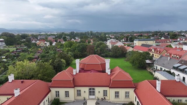 Aerial view of Gruene Haus historic building in Laxenburg Austria.