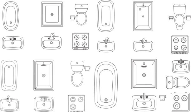 Top view vector set of bathroom and kitchen fixtures in thin line style