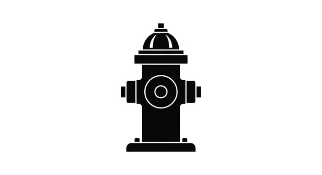 A simple black silhouette depicts a classic fire hydrant standing prominently on a white background