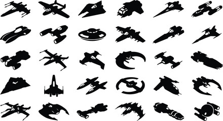 A collection of 30 distinct black and white futuristic spaceship and alien vehicle designs. © Mofajjol