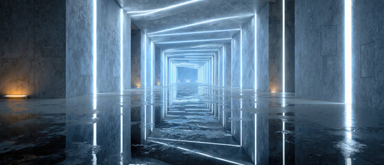 Obraz premium Futuristic sci-fi corridor with blue neon lights and reflective floor. Industrial concrete tunnel background. Panoramic 3D rendering of a cyberpunk hallway