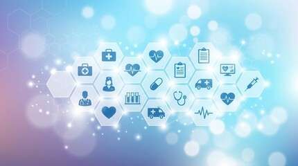 Naklejka premium Healthcare Technology Icons Arranged in Hexagonal Grid with Soft Bokeh Background Digital Medical Network Concept