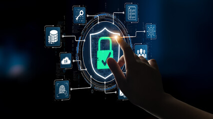 Obraz premium Digital interface showing cybersecurity elements with a hand interacting with a padlock symbol representing data protection and online safety measures Sigmoid