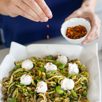 Zucchini noodle pasta with fava beans and ground meat