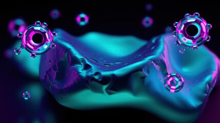 Fototapeta premium Fluid dynamics simulation. Vibrant turquoise liquid, glowing pink rings, dark background. Abstract, futuristic, energetic composition.
