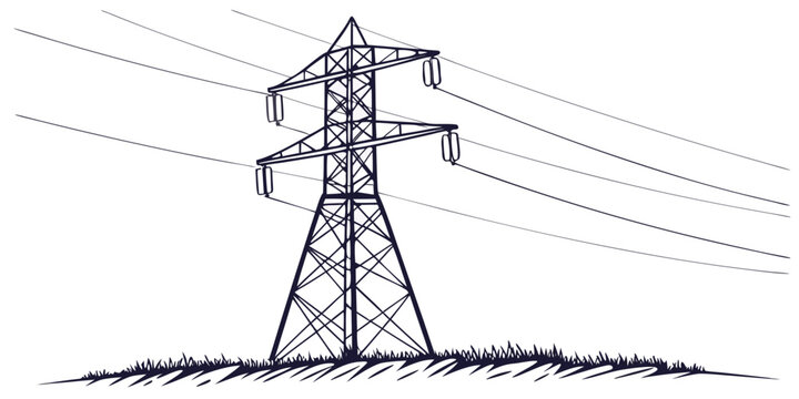 Single high voltage electrical power pylon on field background with electricity transmission electrical infrastructure industrial technology landscape engineering powerline
