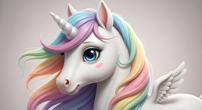 A whimsical illustration of a cute unicorn with a rainbowcolored mane and a small horn, featuring soft pastel colors and a magical aesthetic