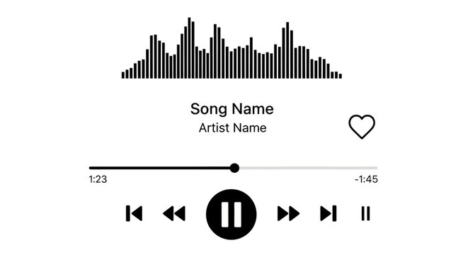 Digital audio player interface with waveform, song title, artist name, volume slider, and playback controls