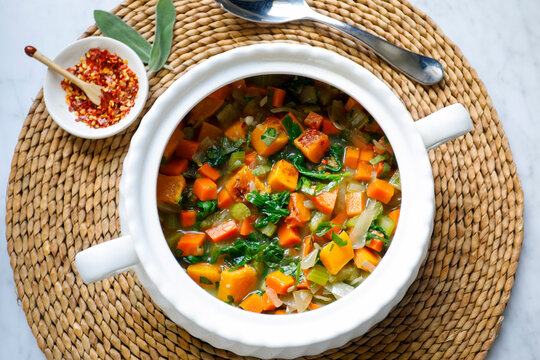 Kale and butternut squash stew in white tureen