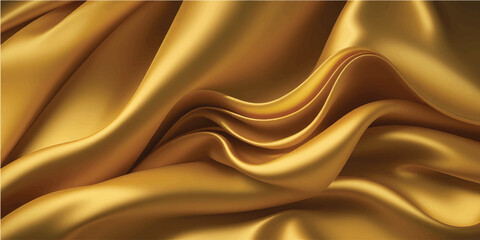 Fototapeta premium Luxurious golden silk fabric background with a smooth satin texture featuring flowing liquid waves and soft light curves for a premium yellow textile wallpaper design