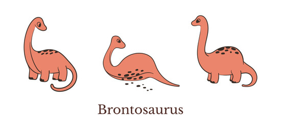 Brontosaurus dinosaur clipart set in cartoon doodle style. Vector illustration collection with cute hand drawn dinosaurs in different poses, isolated on white for kids design, print and decoration. © Gulsim