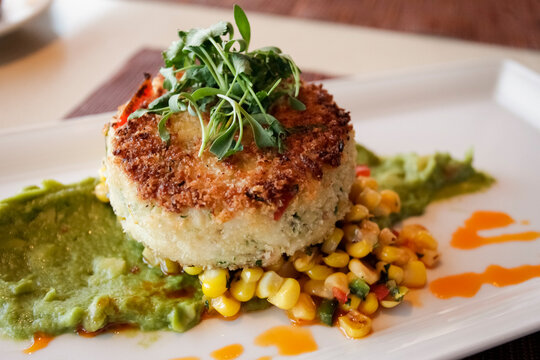 Southwestern crab cake with guacamole and corn 