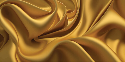 Fototapeta premium Elegant golden silk fabric texture with smooth satin waves and shiny luxurious curves creates a soft decorative drapery backdrop for fashion and luxury textile material