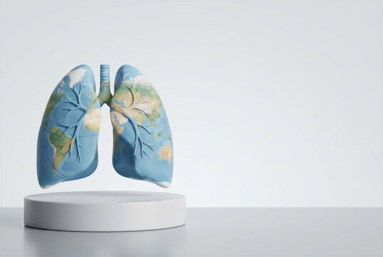 Conceptual 3D model of human lungs textured as planet Earth, resting on a pedestal. Symbolizes global respiratory health for World No Tobacco Day anti-smoking campaigns. 
