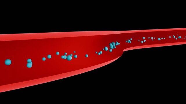 Blue particles floating randomly through a red tube, pipe or vein. Moving forward, group of objects, flux, stream, kinetic energy, physics, simulation.