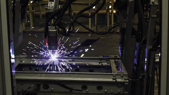 Robotic welding arm generating bright blue sparks during arc welding, metal frame clamped in fixture with smoke and plasma glow, precision fabrication in automated manufacturing workshop.