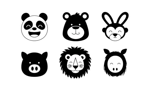Set of six cute black and white cartoon animal faces with different expressions.