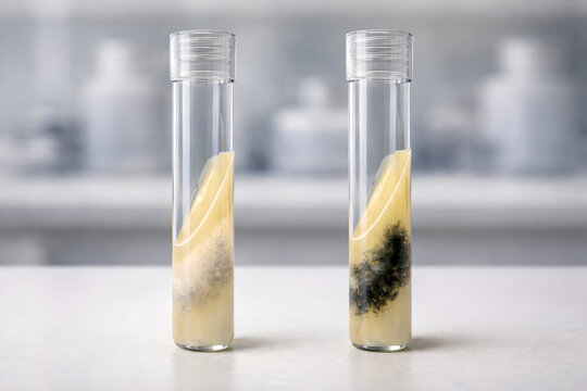 Composite laboratory image of Sporothrix schenckii complex showing dark mold growth in culture tube, radial colony morphology in petri dish inset, and septate hyphae with rosette-like conidia
