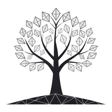 Stylized black tree with diamond leaves, geometric abstract design on gray checkered background.