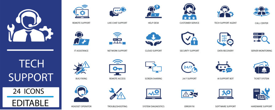 Tech Support Icon Set. Vector Glyph Tech Support Icons for IT Assistance and Customer Service,Helpdesk,Network and more.Solid vector icons collection.
