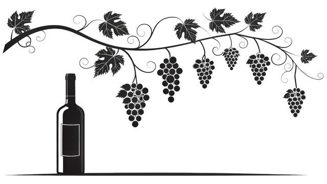 Wine bottle with grape vine and bunches, black silhouette on gray checkered background, food.