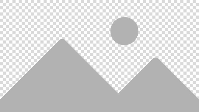 Neutral gray photo placeholder icon with mountain landscape and sun on transparent checkerboard background. Minimal vector template for missing image, gallery preview, upload empty state UI.