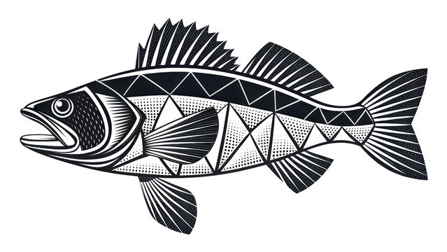 Black fish with geometric pattern, stylized aquatic animal vector on gray checkered background.