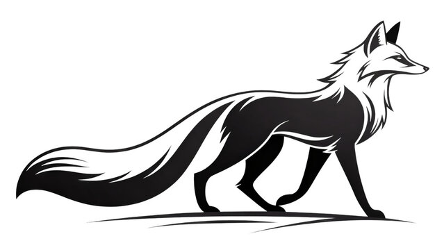 Black fox silhouette walking in profile on gray checkered background, stylized wild animal vector.