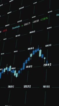 Stock market data grid, chart up and down, ticker board. Investment, trading, growth, stock market and exchange information, business.