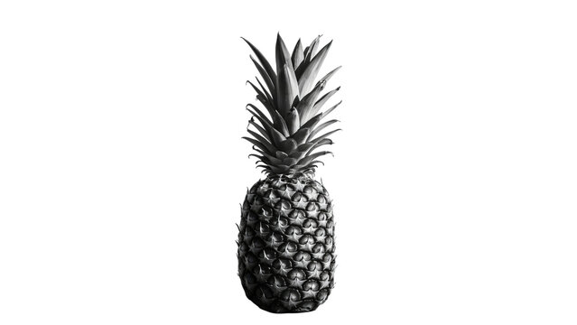 Fresh whole ripe tropical pineapple fruit standing upright in black and white.