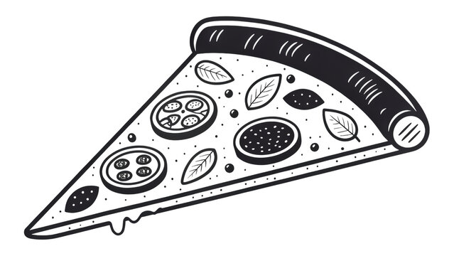 Fresh pizza slice line drawing with tomato and basil toppings on transparent background art.