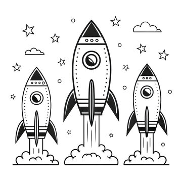 Retro rocket ships launching into space with stars and clouds in black and white line art.