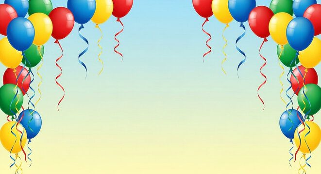 Colorful balloons with streamers frame a bright, gradient background for celebrations