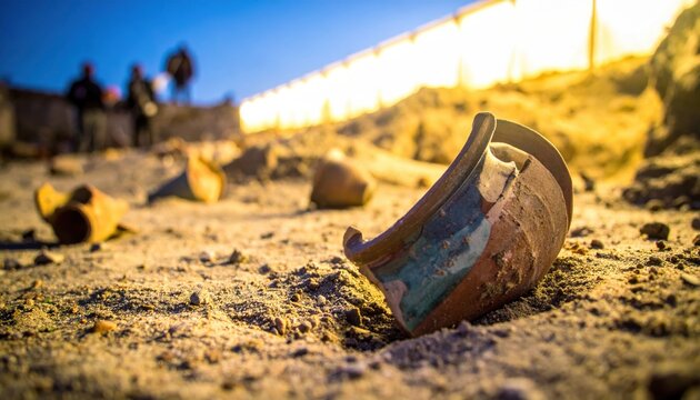 Fragments of ancient pottery with faded glazes scattered on a gritty archaeological dig site surface under bright sunlight