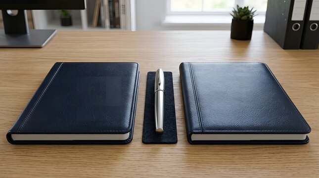 Two Elegant Navy Blue Leather Notebooks and Silver Pen on Wooden Office Desk for Professional Productivity