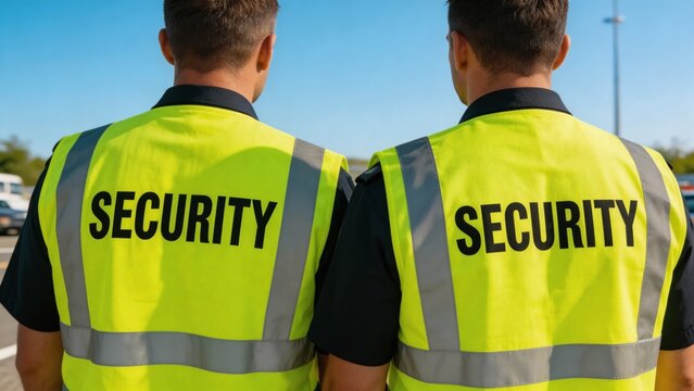Two security guards wearing high visibility vests with the word security on a clear blue sky background, representing safety and protection in a professional setting.
