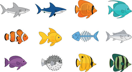 Fototapeta premium Fish and Marine Life Icons Set with Shark, Clownfish, Pufferfish, and Tropical Fish for Ocean and Wildlife Themes