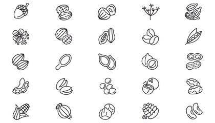 25 Vector Icon Set Bundle: Black Minimalist Line Art Symbols of Spices, Nuts, Seeds, and Plants. Includes Cardamom, Nutmeg, Walnut, Coffee, Cocoa, Coconut, Corn, Peanut, Hazelnut, and Botanical Art. © Subodh